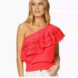 Ramy Brook one shoulder ruffle top embellished neon pink new, m